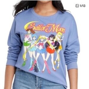 Sailor Moon Crewneck Sweatshirt Blue Anime Graphic Pullover Size Large